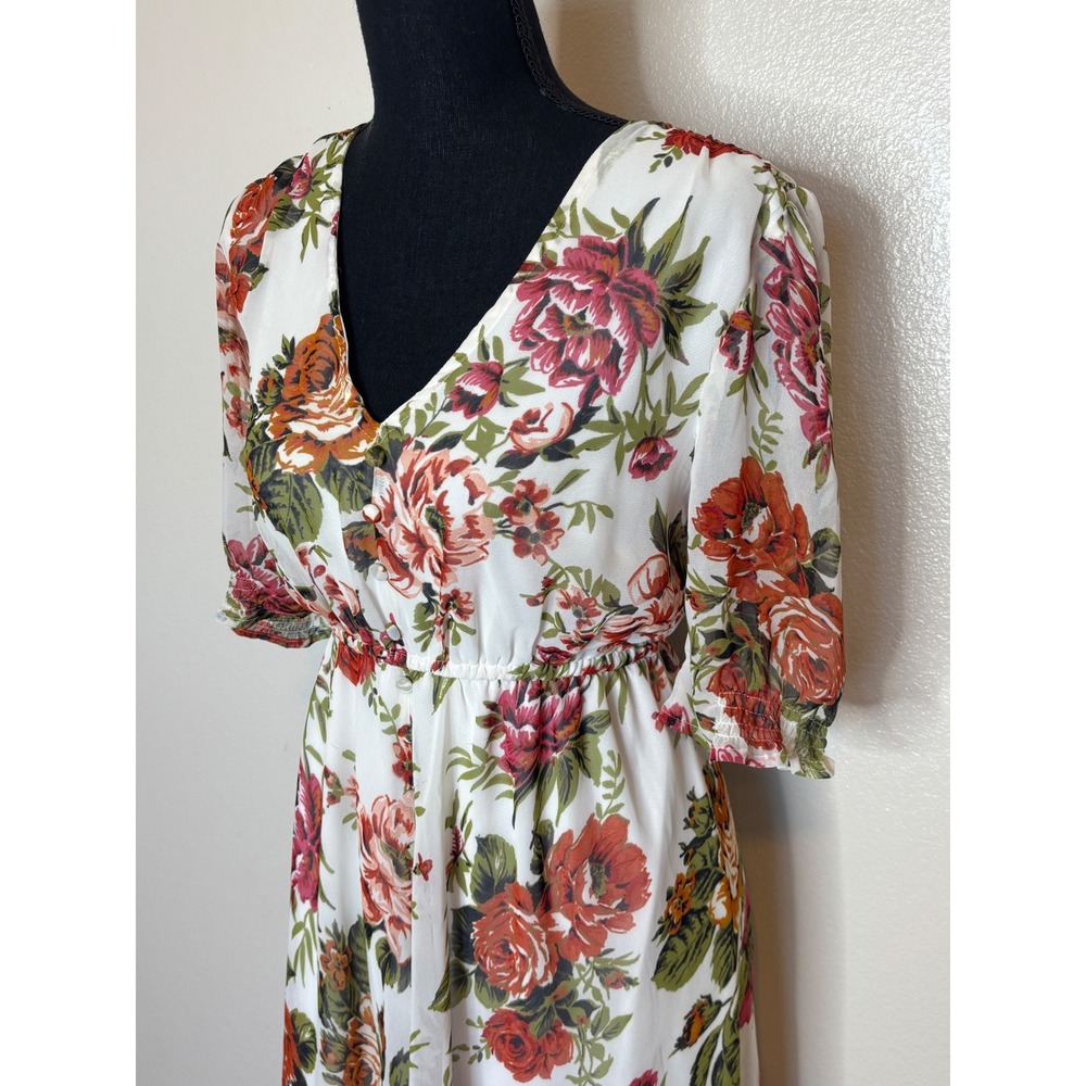 Lapis Womens Floral Maxi Dress White Red Rose V-Neck Elastic Waist Size Large - Picture 3 of 8